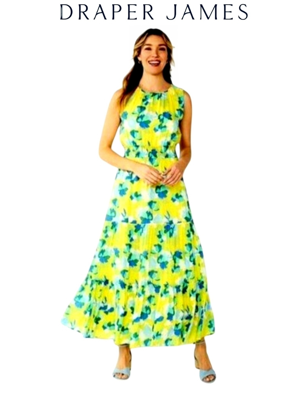 Draper James RSVP Yellow Blue Floral Smocked Clip Dot Tiered Maxi Dress XS